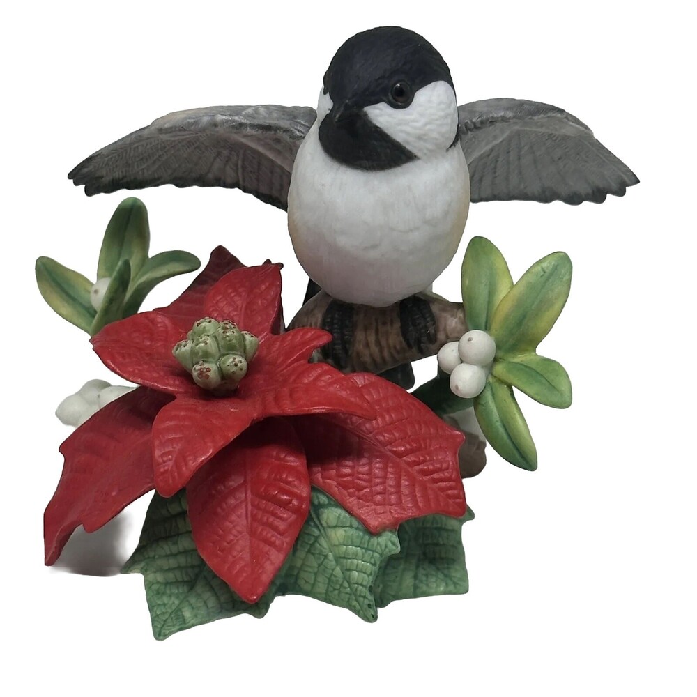 Lenox CHRISTMAS CHICKADEE Figurine 1997 Porcelain Garden Bird Poinsettia Vtg